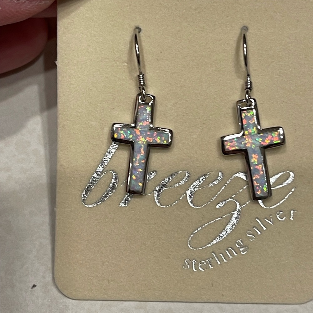 New Sterling Silver cross earring w created opal. - Picture 1 of 6